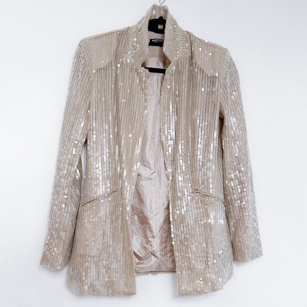 Nasty Gal Champagne Sequin Blazer Party Open Front Size US 2 Jacket Only - Picture 11 of 11